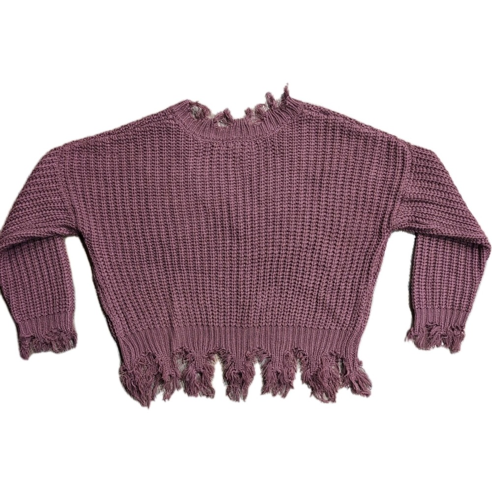 Love Tree Cropped Sweater Knitted Frayed Edge V-Neck Long Sleeves maroon Size S - Picture 4 of 7